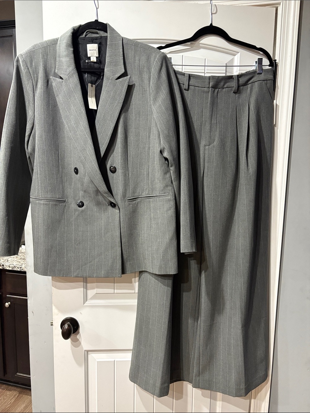 Maeve by Anthropologie Pinstripe Double-Breasted Blazer & Matching Wide leg